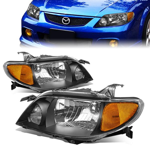 DNA Motoring, 01-03 Mazda Protege Headlights - Black Housing Amber Corner