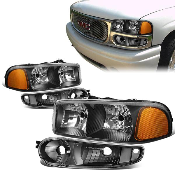 DNA Motoring, 01-07 GMC Sierra Yukon XL 1500 Denali Headlights+Bumper Lamp - Black Housing Amber Corner