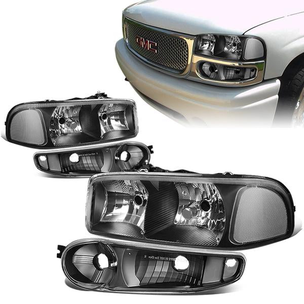 DNA Motoring, 01-07 GMC Sierra Yukon XL 1500 Denali Headlights+Bumper Lamp - Black Housing Clear Corner