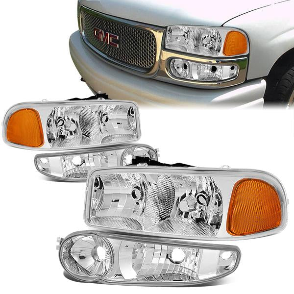 DNA Motoring, 01-07 GMC Sierra Yukon XL 1500 Denali Headlights+Bumper Lamp - Chrome Housing Amber Corner