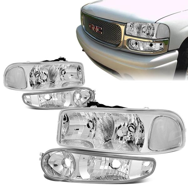 DNA Motoring, 01-07 GMC Sierra Yukon XL 1500 Denali Headlights+Bumper Lamp - Chrome Housing Clear Corner