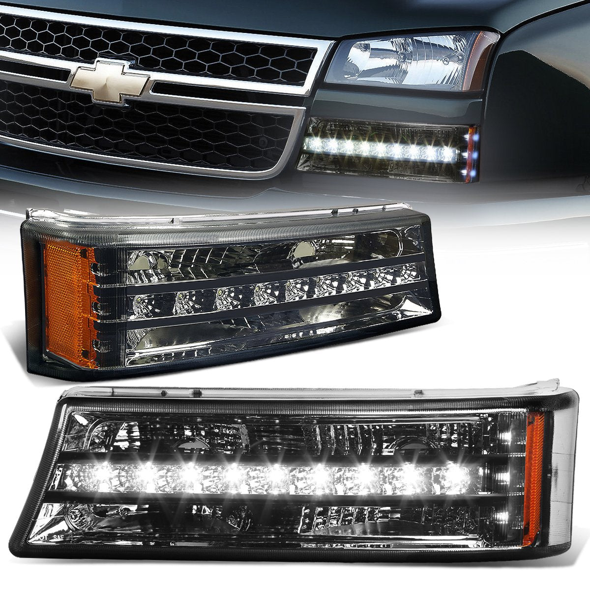 Nuvision Lighting, 03-06 Chevy Avalanche Silverado LED DRL Bumper Lights - Smoked Lens Amber Corner