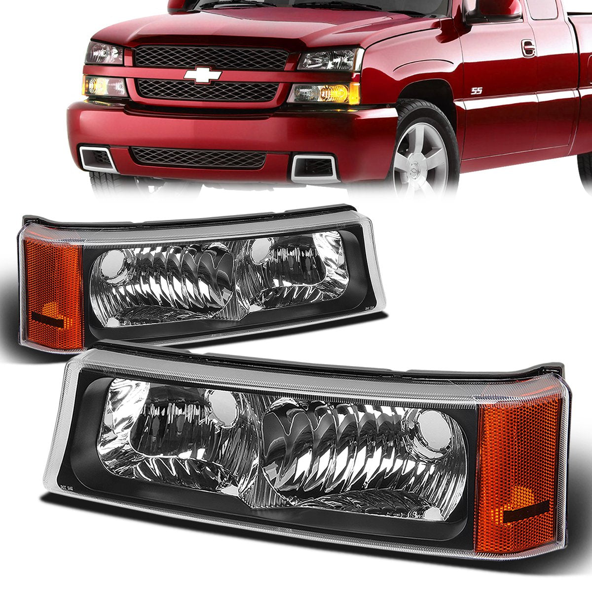 Nuvision Lighting, 03-06 Chevy Avalanche Silverado Turn Signal Bumper Lights - Black Housing Amber Corner