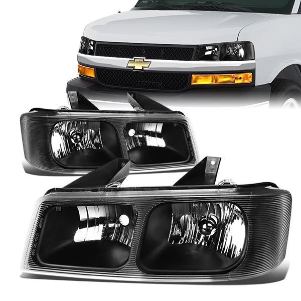 DNA Motoring, 03-20 Chevy Express GMC Savana 1500 2500 3500 Headlights - Black Housing