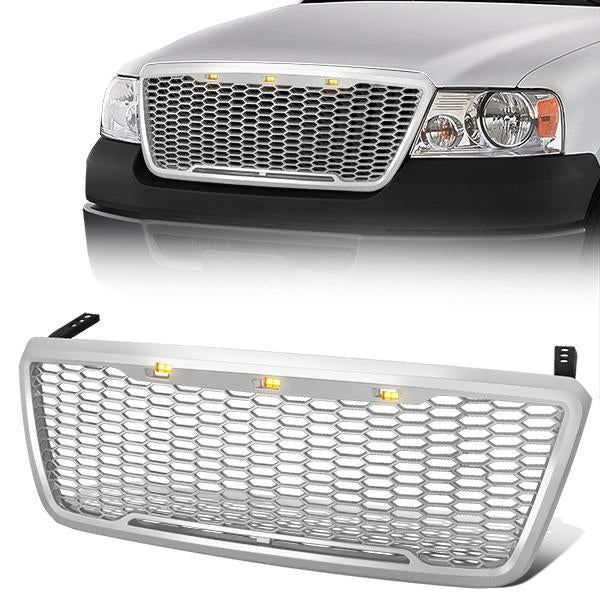 CAAP, 04-08 Ford F-150 Front Grille+LED - Badgeless Honeycomb Mesh - Chrome