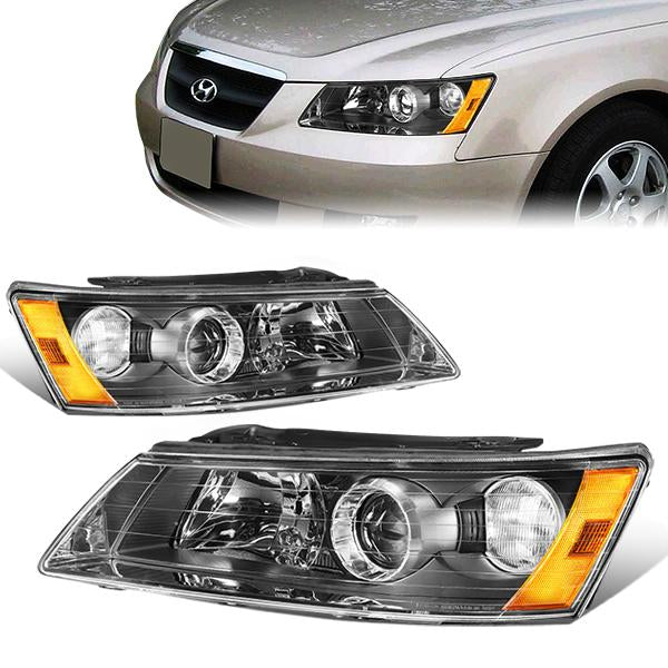 DNA Motoring, 06-08 Hyundai Sonata Projector Headlights - Black Housing Amber Corner