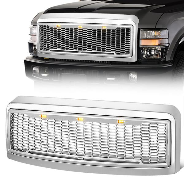 CAAP, 08-10 Ford F250 F350 F450 F550 Super Duty Front Grille+LED - Honeycomb Mesh - Chrome