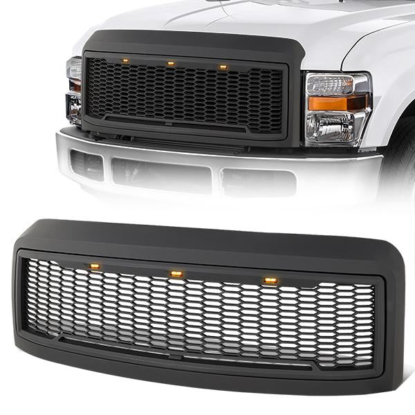 CAAP, 08-10 Ford F250 F350 F450 F550 Super Duty Front Grille+LED - Honeycomb Mesh - Matte Black