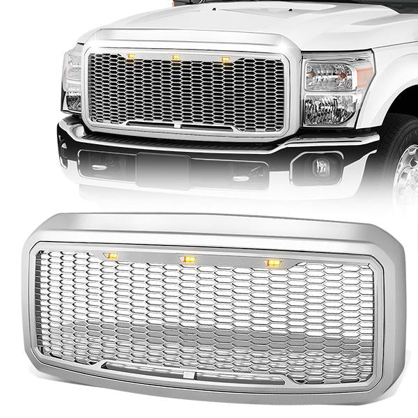 CAAP, 11-16 Ford F250 F350 F450 F550 Super Duty Front Grille+LED - Honeycomb Mesh - Chrome