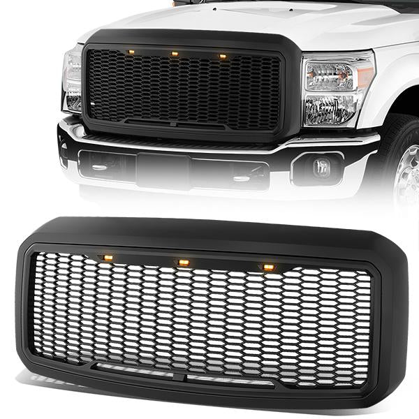 CAAP, 11-16 Ford F250 F350 F450 F550 Super Duty Front Grille+LED - Honeycomb Mesh - Matte Black