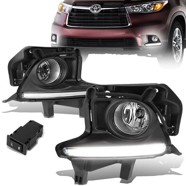 DNA Motoring, 14-16 Toyota Highlander LED DRL Bar Clear Lens Fog Lights - w/Bezel+Switch+Bulbs