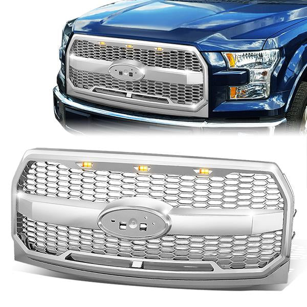 CAAP, 15-17 Ford F-150 Front Grille+LED - Honeycomb Mesh - Chrome