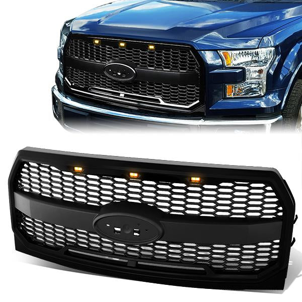 CAAP, 15-17 Ford F-150 Front Grille+LED - Honeycomb Mesh - Matte Black