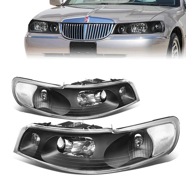 DNA Motoring, 98-02 Lincoln Town Car Headlights - Black Housing Clear Corner