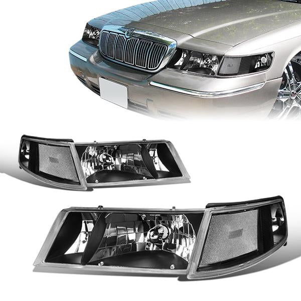 DNA Motoring, 98-02 Mercury Grand Marquis Headlights - Black Housing Clear Corner