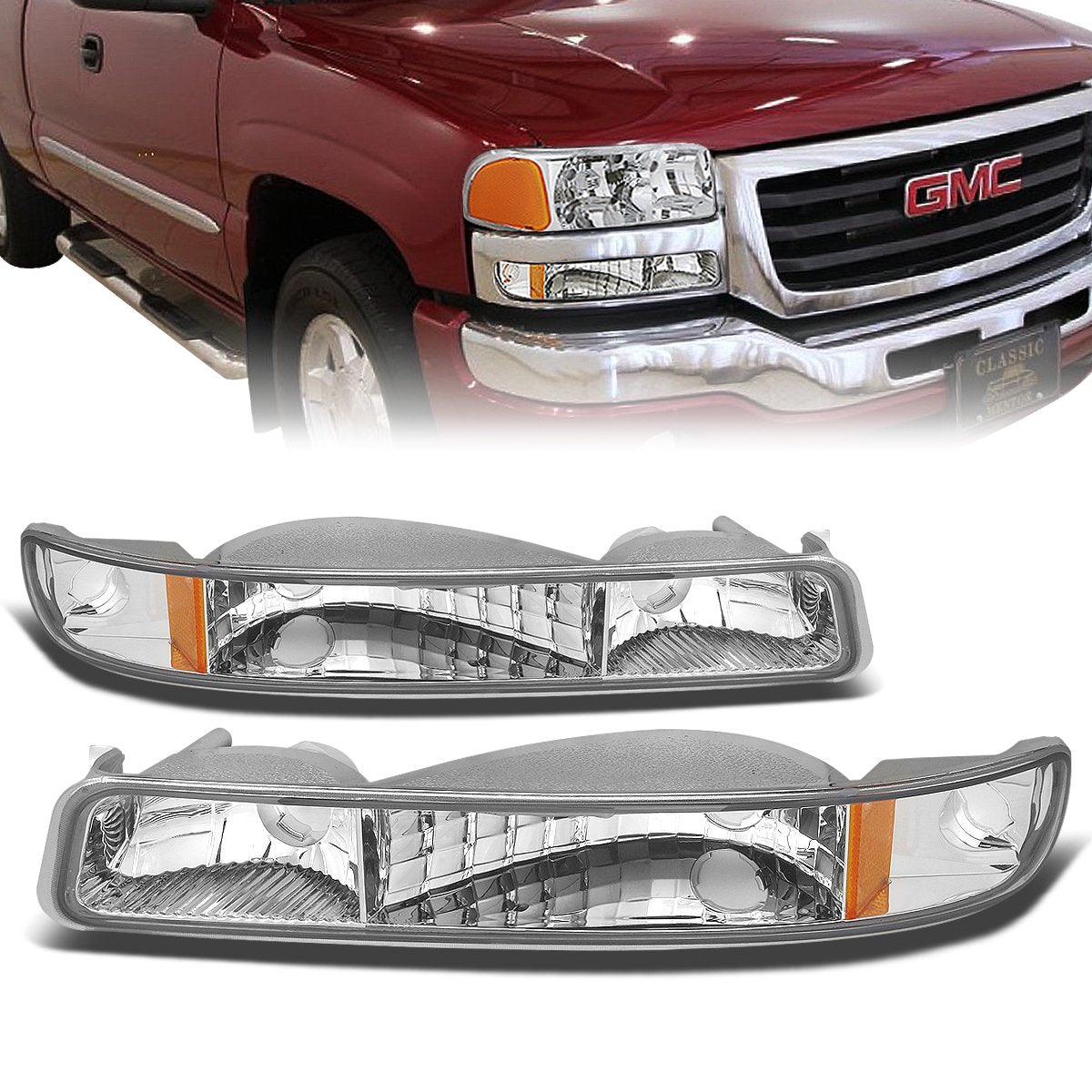 Nuvision Lighting, 99-07 GMC Sierra 1500 2500 3500 00-06 Yukon Bumper Lights - Chrome Housing Amber Corner